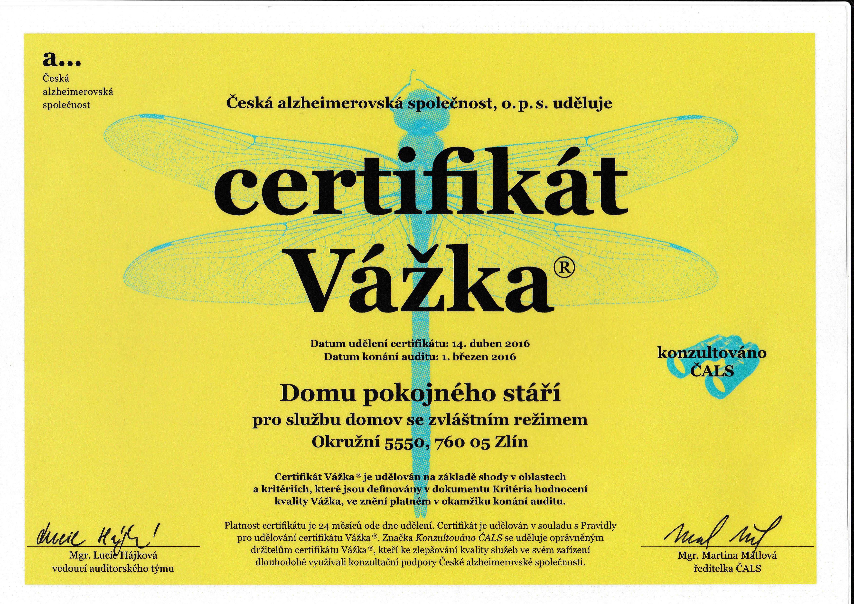 Certifikát Vážka DZR