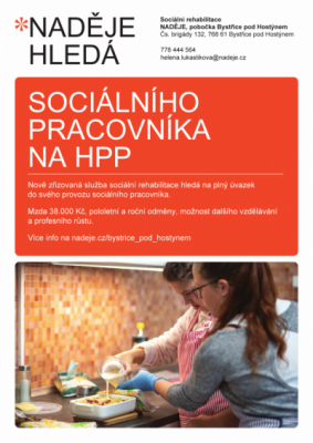 Sociální rehabilitace hledá sociální/ho pracovníka/pracovnici na HPP